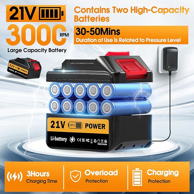 Cordless Pressure Washer, 21V Portable Pressure Washer Cordless, 130Bar Powerful car Washer with 2 * 3.0AhBattery&Multifunctional Nozzle, for Cars/Floors/Gardens