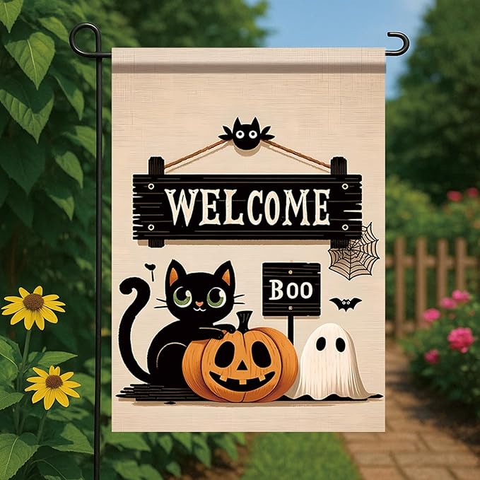 Halloween Black Cat Welcome Garden Flag 12x18 Inch Double Sided for Outside Cute Cat Pumpkin Ghost Yard Flag for Outdoor Holiday Home Decor