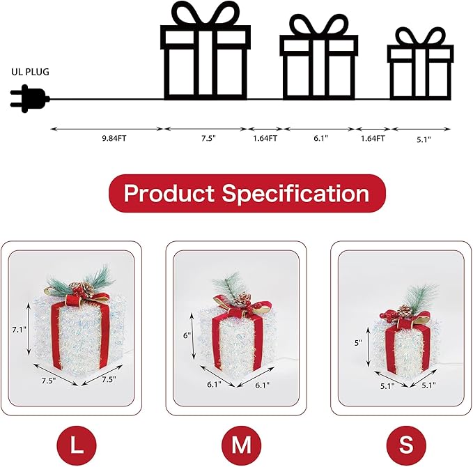 Set of 3 Christmas Lighted Gift Boxes, 60 LED Light Up Present Boxes for Christmas Decorations Indoor Outdoor Yard Xmas Tree Holiday Party Lawn Porch Home Decor(Multicolor)
