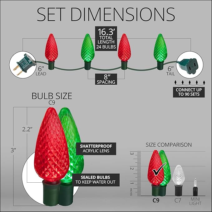 C9 Red and Green Christmas Lights Set of 24, 16.3 Ft, LED String Lights C9 Christmas Lights Red-Green Indoor-Outdoor LED Christmas Lights, IOS-4-24