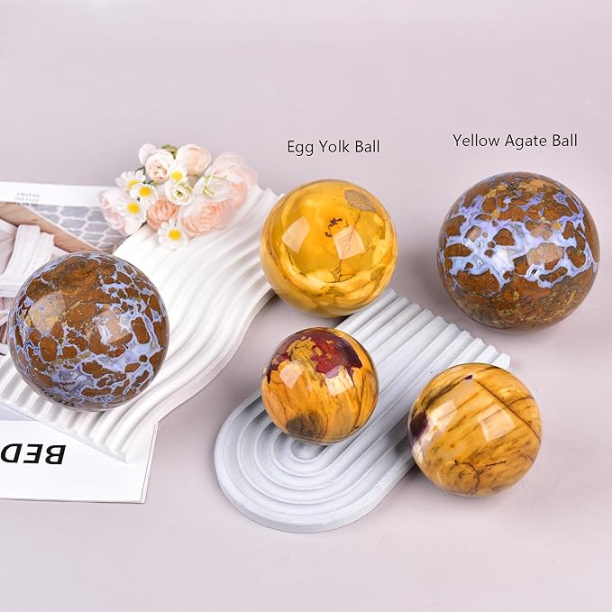 JIC Gem Natural Eggs Yolk Quartz Ball Sphere Big Gemstone Ball Healing Crystal Decorative Ball with Stand Chakra Meditation Reiki Desktop Decoration 9-10cm
