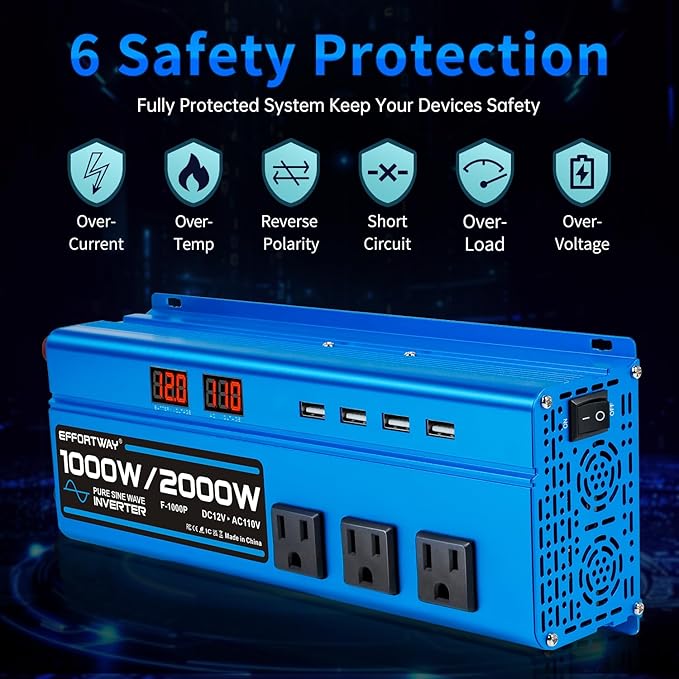 1000W Pure Sine Wave Inverter DC 12V to AC 110V/120V Converter 2000w (Peak) Car Power Converter with 3 AC Outlets, 4USB Port,Power Inverter for Car, Truck, Home, Vehicles, Laptop