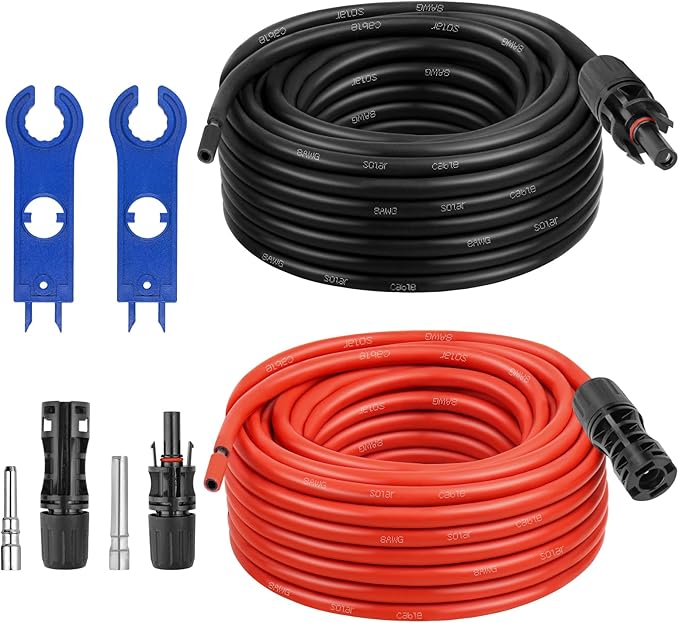 XRDS -RF Solar Extension Cable 8AWG, 50FT Red & Black Solar Panel Wire with Solar Connectors, PV Wire with Disconnect Wrenches & Extra Male/Female Connectors for RV, Camper, Inverter, Off-Grid System