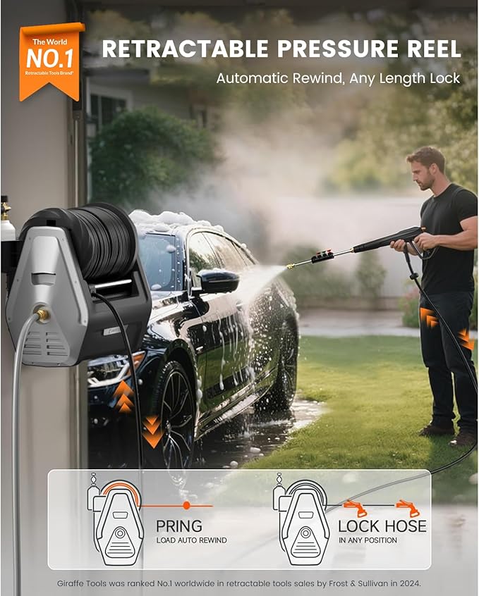Giraffe Tools Wall Mounted Pressure Washer Essential with Upgraded 1800W Motor, Max 2900 PSI, 2.2 GPM Electric Power Washer with 100ft Retractable Pressure Hose, Automatic Rewind, Any Length Lock