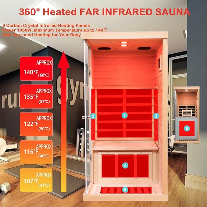 Hemlock Deluxe Mini Indoor Sauna 1 Person, Far Infrared Sauna at Home, Wooden Dry Sauna 1060w with 6 Far Infrared Heating Plate, Bluetooth Speaker, Red Light, Reading Light(Right Door)
