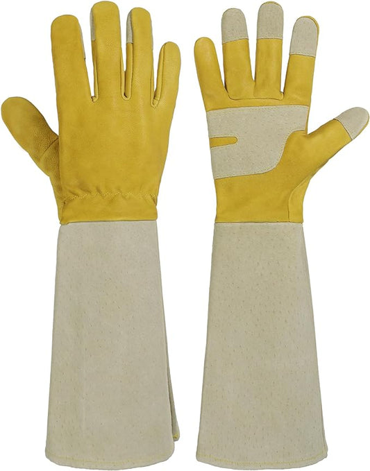 HANDLANDY Rose Pruning Gloves for Men & Women, Thorn Proof Long Garden Gloves, Gardening Gifts for Gardeners (Yellow- goatskin, Medium (Pack of 1))
