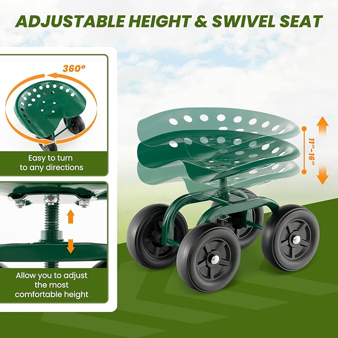 LDAILY Garden Seat with Wheels, Heavy-Duty Utility Stool Cart with Adjustable 11"-16" Height & 360° Rotatable, Rolling Garden Cart with Seat for Lawn Planting, Yard Work, Patio Gardening (Green)