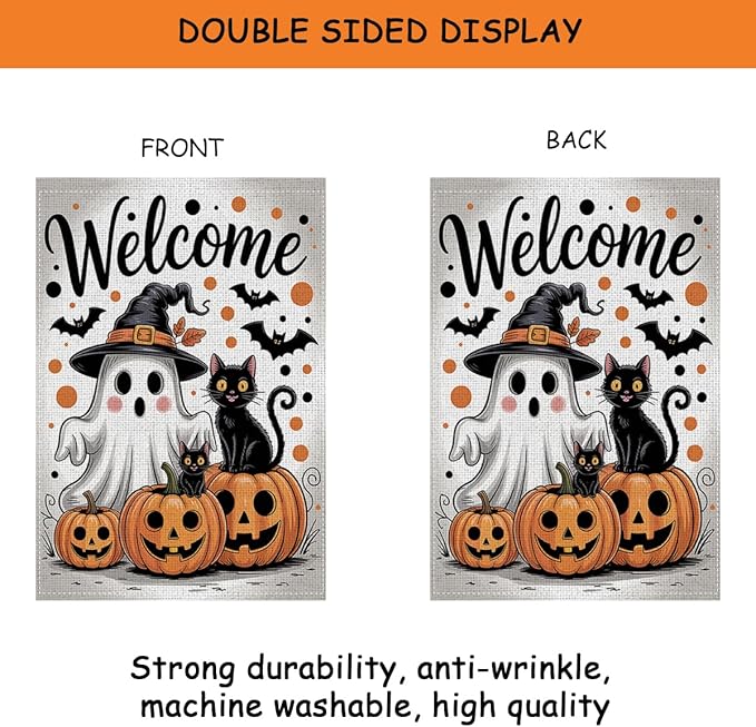 HTBIG Halloween Welcome Garden Flag, Halloween Ghost Pumpkin Black Cat Decor Flag, Yard Flags for Outside 12x18 inch, Outside Yard for Home Decorations
