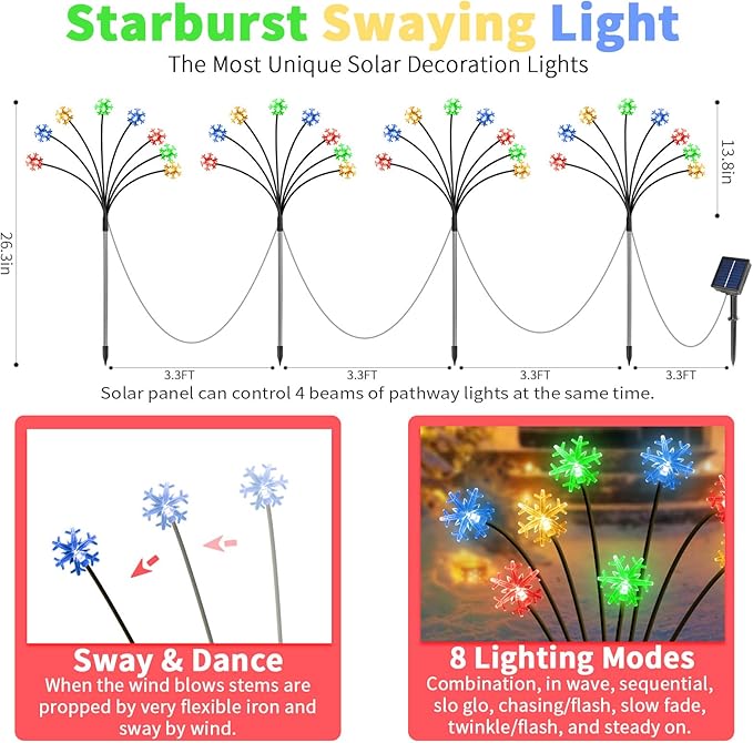 Set of 4 Snowflake Solar Christmas Decorations, 8 Modes Swaying Garden Lights, Outdoor Pathway Solar Christmas Stake Lights, Upgraded Base on Firefly Light for Lawn Decor (Multicolor)