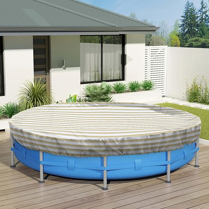 ECOOPTS 9 ft Round Pool Cover for Above Ground Pools, Swimming Pool Cover Protector Winter Safety Cover (Beige White Stripes)