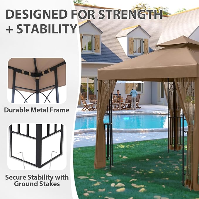 EAGLE PEAK 8x8 Patio Gazebo with Mesh Netting, Double Roof Outdoor Pavilion with Corner Shelves for Lawn, Deck, Garden and Backyard, Brown