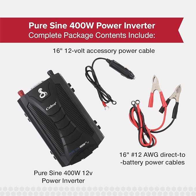 Cobra PURE SINE 400W Power Inverter, Portable – 400 Watt Car Charger, 2 Grounded AC Outlets, 2 Fast Charge USB Ports and Remote Controller (CPIALCDG1) Compatible