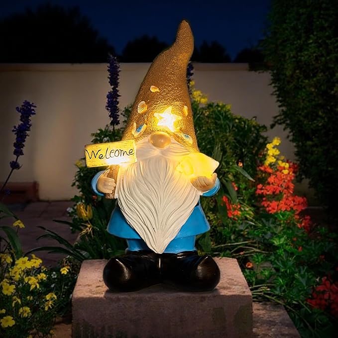 Solar Garden Gnomes Decor Outdoor Statue - Gnome Welcome Sign with LED Waterproof Sculptures Lights, Gnome Pond/Yard Statues Outside Decoration, Home, Lawn, Patio, Resin Ornament, Gardening Gift