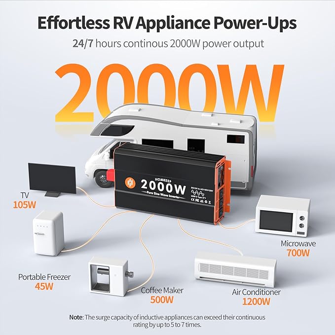 2000W Pure Sine Wave Power Inverter 12V DC to 110V AC Converter Peak Power 4000W for RV Truck Off-Grid Solar Car Inverter with 3 AC Outlets, 2 USB & 1 Type-C Ports, Cables Included, Remote Controller