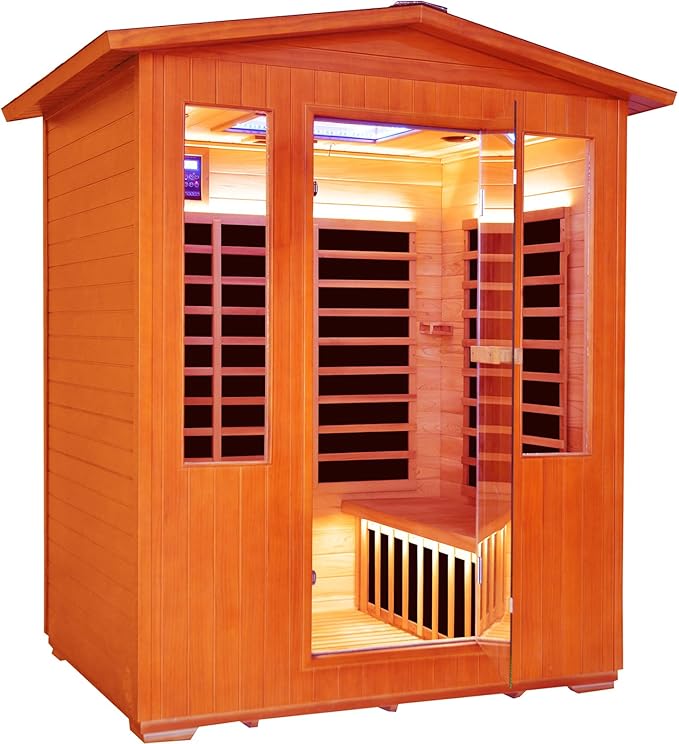 Outdoor Sauna 4 Person Infrared Saunas Outdoor Dry Sauna Room Wood Wooden Sauna Canadian Fir Red Cedar Low EMF 2600W/240V with Oxygen Bar, 7 Color Light, Control Panel, Speaker - 62.2" x 46.9" x 81.9"