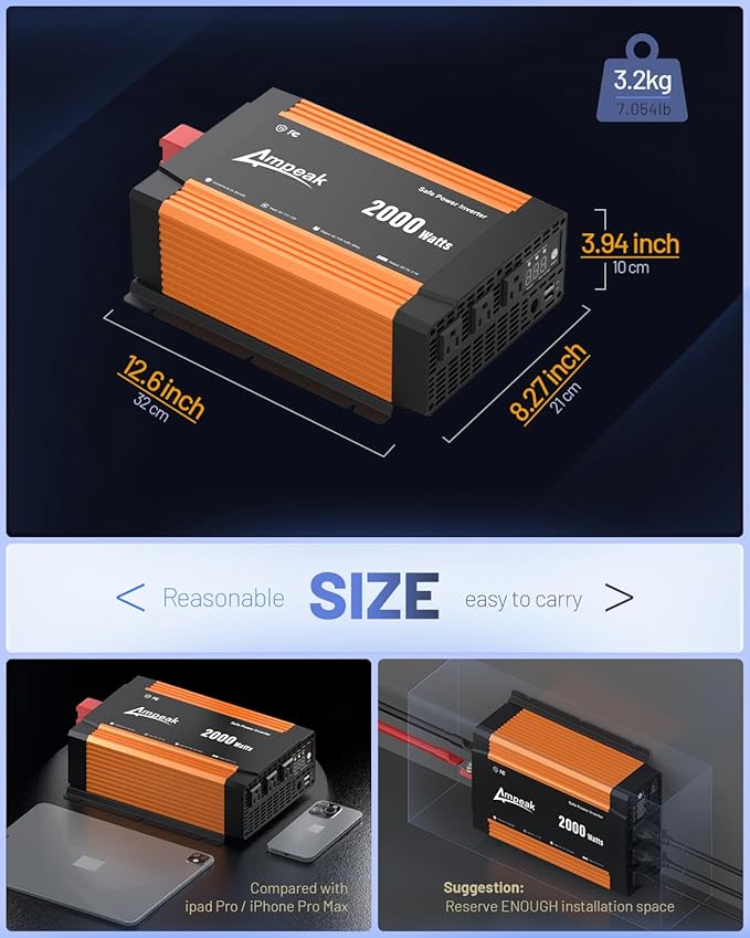 Ampeak 2000W Power Inverter 12V to 110V, 89.37% High Efficiency Modified Sine Wave Inverter with 3 AC Outlets & Dual USB, for RV Truck Camping & Home Emergency Use (4000W Peak)
