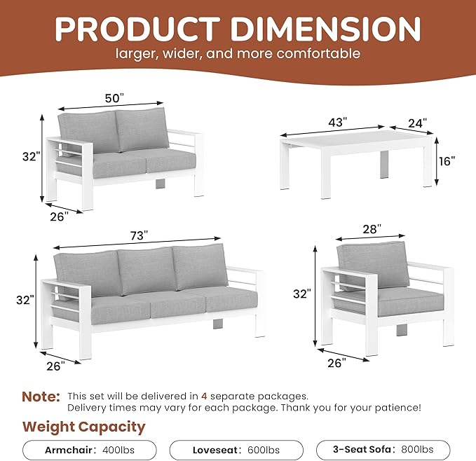 Solaste Aluminum Patio Furniture Set for All Weather, Oversized Metal Outdoor Furniture Set with 27.5" Deep Seating and 3.2" Wide Armrest, Outdoor Patio Conversation Set with 5" Cushion, White
