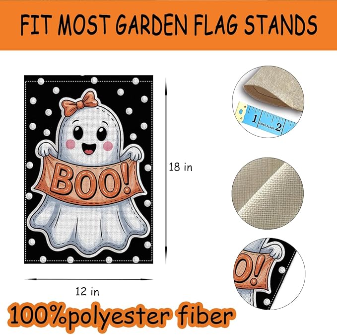 HTBIG Halloween Cute Ghost Garden Flag Decor, Funny Halloween Ghost Flag BOO, Yard Flags for Outside 12x18 inch, For Holiday Yard Outdoor Decorate