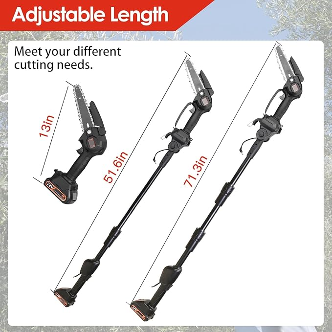 2-in-1 Cordless Pole Saw, Cordless Chain Saw, 33Ft/s Battery Pole Saw with 2Pcs 1500mAh Batteries 4in/6in Chains, 13ft Reach Electric PoleSaw, Comes with 3 extension rods, for Tree Trimming