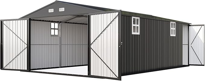 AMERLIFE 13x21x8 FT Heavy Duty Metal Garage Shed, Extra Large Outdoor Storage Shed with Double Hinged Doors, 4 Windows, Carport for Car, Truck, Bicycle and Garden Equipment, Dark Gray