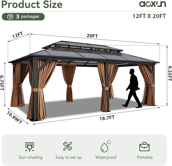 Aoxun 12'x20' Hardtop Gazebo, Aluminum Frame Permanent Pavilion with Netting and Curtains, Outdoor Polycarbonate Double Roof Canopy, Designed for Lawn, Garden, Patio (Khaki)