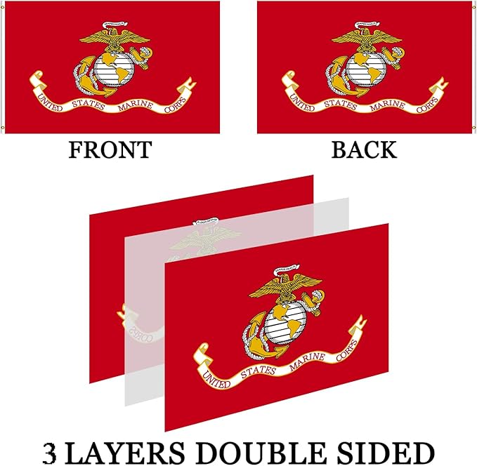 Embroidered Double Sided Marine Corps USMC Flag 3x5ft Outdoor- 3Ply Heavy Duty 300D Nylon 4 Rows Sewn- All Weather United States Official Marines Corps Flags Banner with 2 Brass Grommets