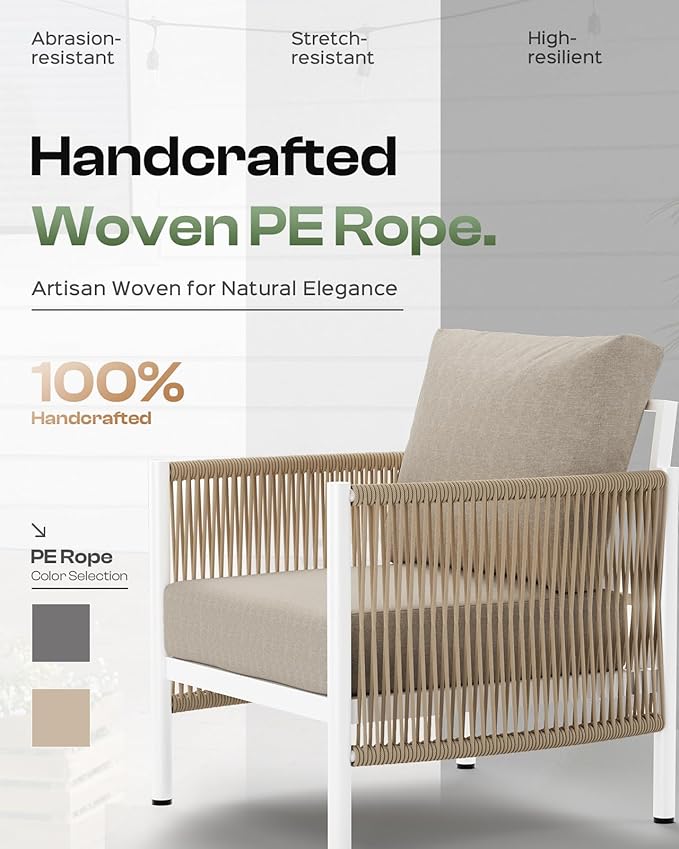Aluminum Outdoor Patio Furniture Set, HDPE Rope 4 Piece Modern Sectional Conversation Sets with Dual-Layer Coffee Table, All Weather Patio Couch Sofa with Thick Cushions, White Frame, Ivory