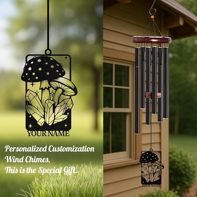 Personalized Customize Name Fantasy Mushroom Wonderland Wind Chime, Metal Iron 37 Inch Outdoor Memorial Gift for Garden Yard Patio Home Decor, Black (Style J)