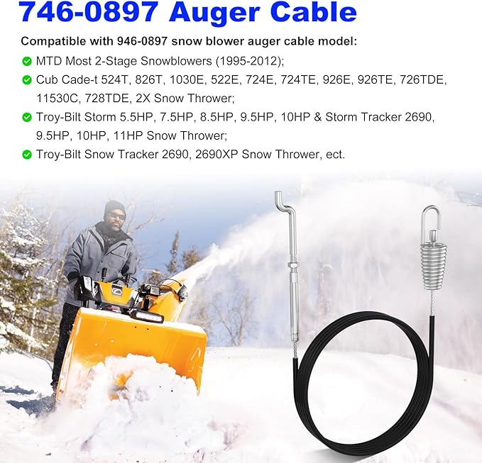 946-0897 Snowblower Drive Cable for Craftsman Cub-Cadet Yard-Machine MTD Troy-Bilt Ryobi Snow Blowers/Snow Thrower Replace 746-0897 746-0897A 946-0897A 677-0424 Auger Control Cable