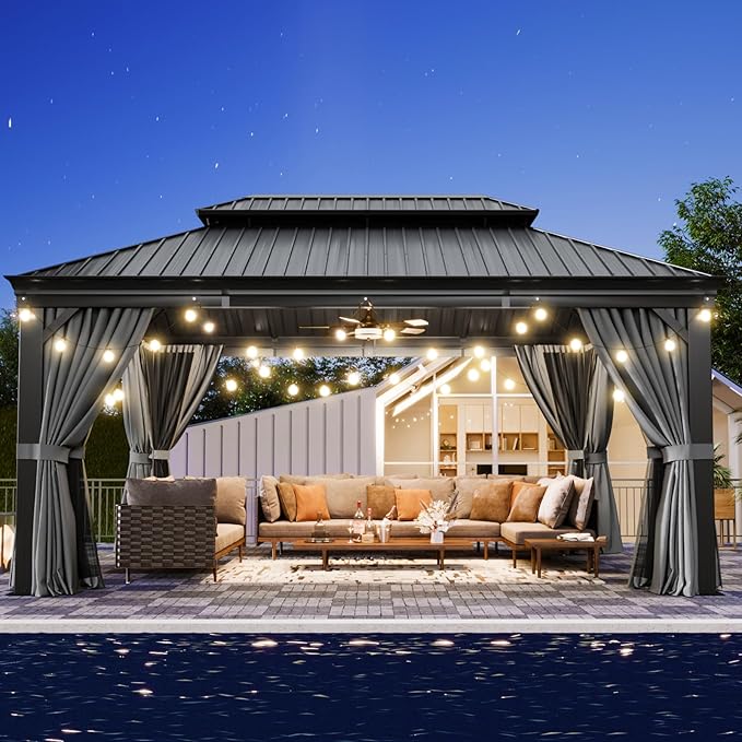 Aoxun 12' X 16' Permanent Hardtop Gazebo Aluminum Gazebo with Galvanized Steel Double Roof for Patio Lawn and Garden, Curtains and Netting Included, and LED Outdoor Waterproof Hanging Lights, Grey