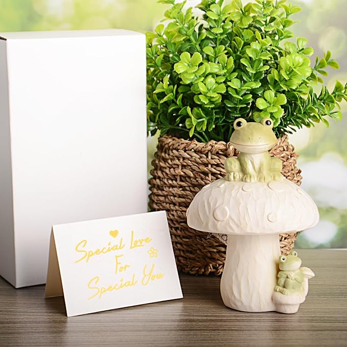 Frog Garden Decor Outdoor Statues, Mushroom Home Decor with Frog Figurines Outdoor Fairy Gardens Accessories Lawn Ornaments, Cute Garden Statues for Outside Yard Lawn Planters Art Decorations Gifts