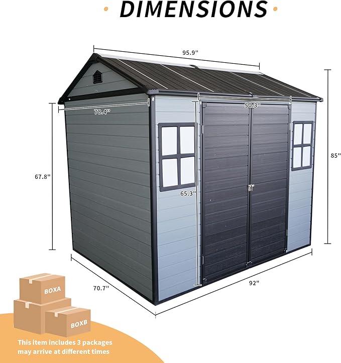 LANTRO JS Outdoor Storage Shed, 8x6FT Plastic Storage Shed with 2 Windows and Lockable Door for Garden Tools, Bike, Lawnmower, Grey and Black