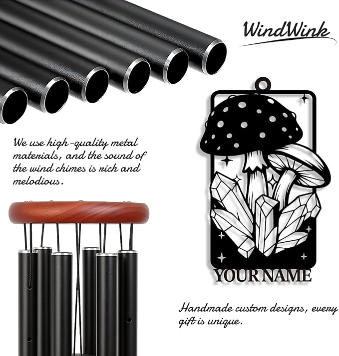 Personalized Customize Name Fantasy Mushroom Wonderland Wind Chime, Metal Iron 37 Inch Outdoor Memorial Gift for Garden Yard Patio Home Decor, Black (Style J)