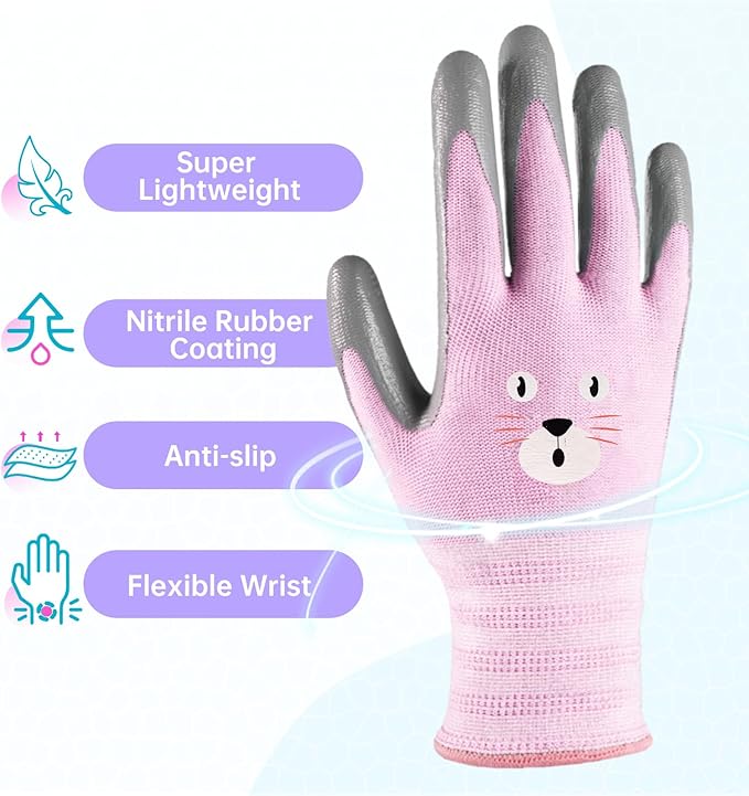 ANDANDA Kids Gardening Gloves, Nitrile Coated Children Yard Work Gloves with Grip, Suitable for Toddlers, Children, Girl, Boy