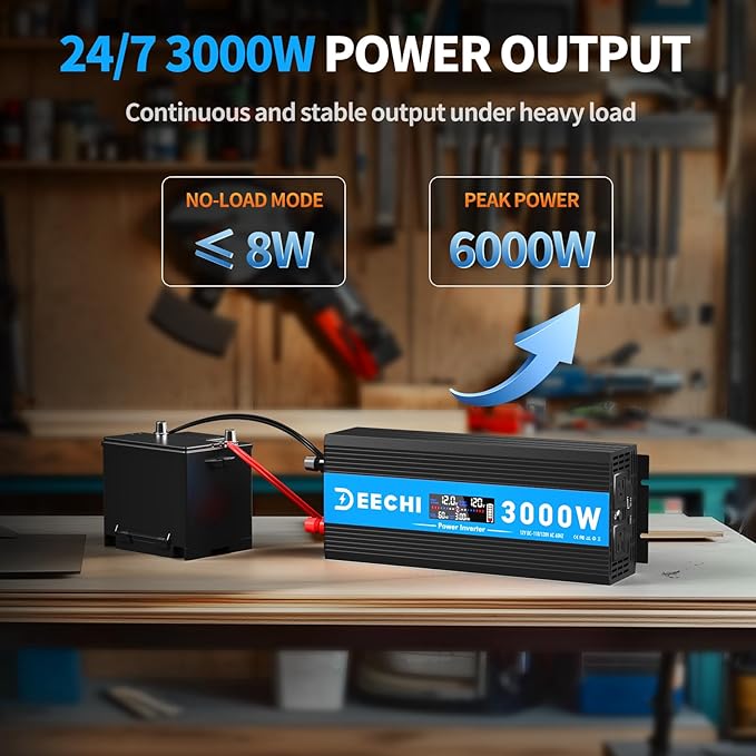 3000 Watt Power Inverter Car/Home 12V DC to 110V/120V AC Converter with 2 AC Outlets, USB & Type-C Port Car Inverter Peak Power 6000W for RV,Truck,Off-Grid Solar System with Remote Controller-Blue