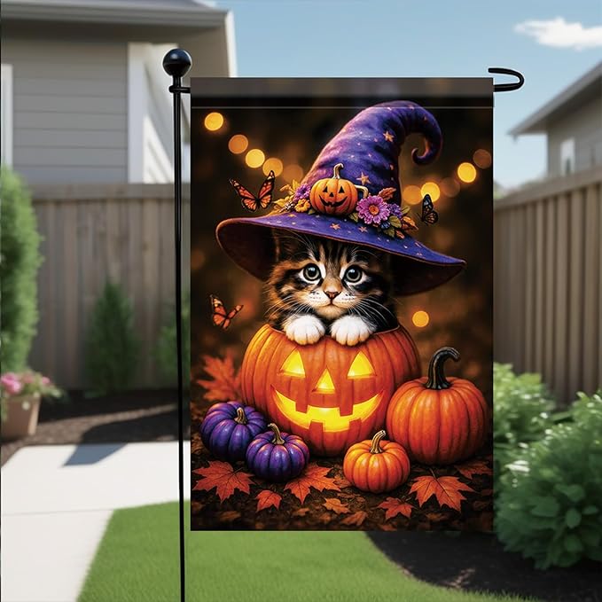Fall Halloween Garden Flag Kitten Cat Flag 12x18 Inch Double-Sided Cute Pumpkin Witch Hat Yard Banner Autumn Outdoor Decor for Porch Lawn Pathway Cat Lover Holiday Gift