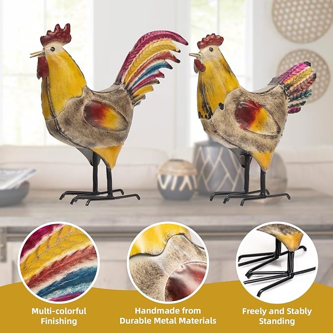 MODE HOME 2 Piece Metal Rooster Yard Decor Set, 12" Outdoor Chicken Statue for Garden, Farmhouse and Patio, Hand-Painted Metal Chicken Figurine, Rustic Chicken Yard Art and Outdoor Rooster Decor