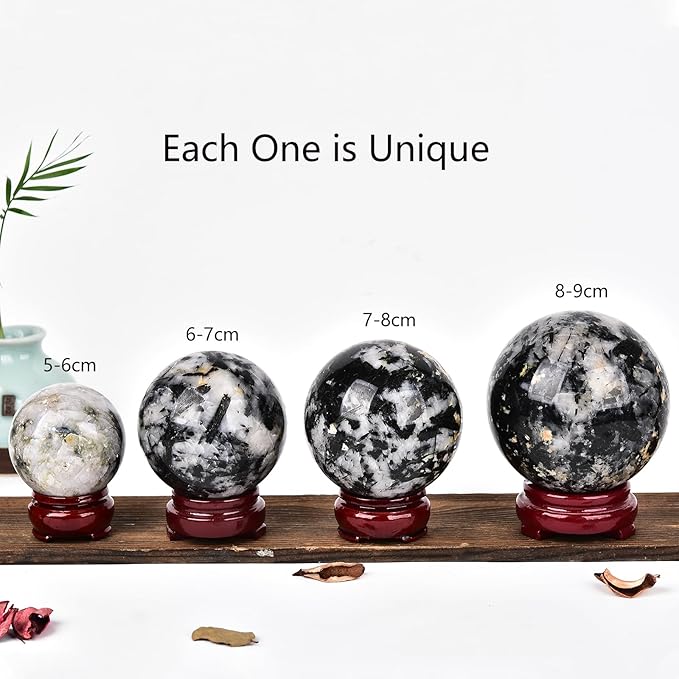 JIC Gem Black and White Tourmaline Crystal Sphere with Wooden Stand,Decorative Crystal Ball Black&White Gemstone Sphere for Meditation,Feng Shui,Witch-Style Decor,Office Table Decorations 70-80mm