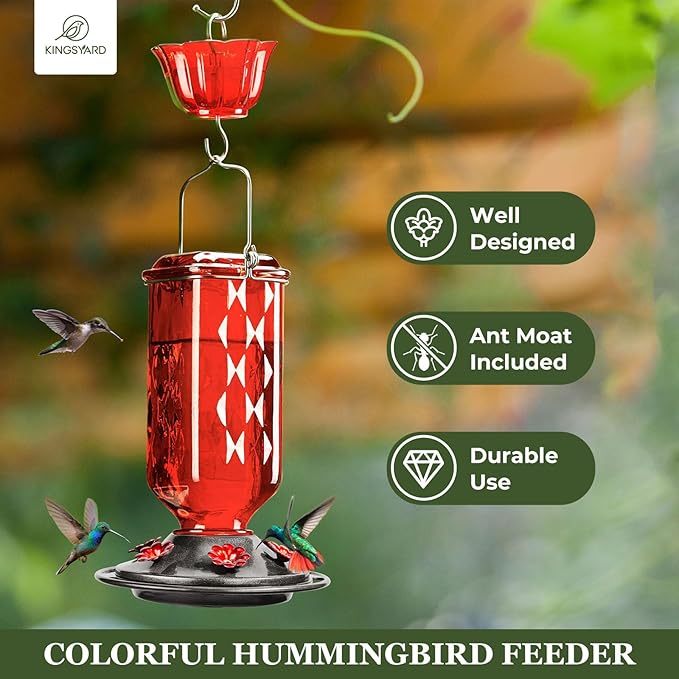 Kingsyard 2 Pack Glass Hummingbird Feeder for Outdoor Hanging, 24 Ounces, 6 Feeding Ports, Bird Nectar Feeder for Garden Décor, Ant Moat Included, Red