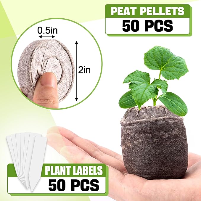 50mm Peat Pellet for Seedling - 50pcs Seeds Plant Starter Plugs, Compressed Nutrient Fiber Garden Soil Block with 50 Labels, Plant Pods Bulk for Transplanting Herb Flower Vegetables