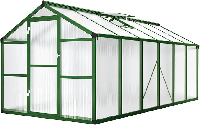 8x12 ft Greenhouse, Large Aluminum Greenhouses for Outdoors, Heavy Duty Polycarbonate Greenhouse with Roof Vent, Walk-in Green Houses for Winter Garden, Backyard, Patio, Lawn, Easy Assembly