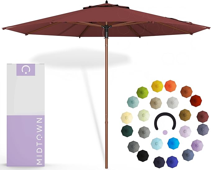 Midtown Umbrellas The Wooden 8 Feet Patio Umbrella With Terylast Cherry (Burgundy) Polyester Fabric - Aluminum Frame Market Umbrella For Backyard, Deck, Garden, Pool - Wooden Pole