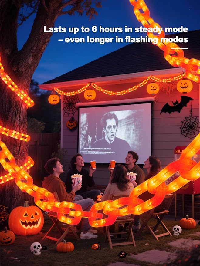 Halloween Chain Lights – 10 Ft 160 LED Orange Plastic Chains, Battery Operated Halloween Decorations with 8 Lighting Modes & Timer, Spooky Haunted House & Party Decor