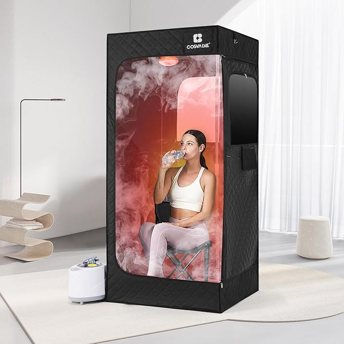COSVALVE Portable Steam Sauna Box with Red Light for Home with 1200W 3L Steamer, Comfort Folding Chair, Indoor at Home Sauna Tent, Personal Steam Room for Relaxation, 2.6' x 2.6' x 5.9', Black