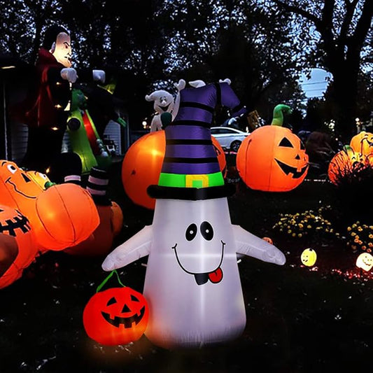 VIVOHOME 5FT Halloween Inflatable Yard Decor, White Ghost with Pumpkin, Outdoor Blow Up with Built-in LED Light for Lawn, Garden, Party