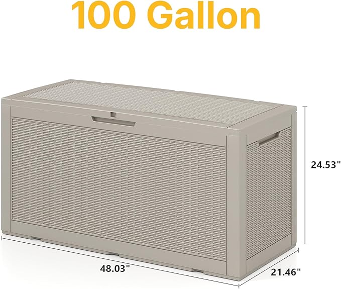 100 Gallon Deck Box Outdoor Waterproof, Rattan Outdoor Storage Box, Patio Storage Boxes for Cushions, Pillow, Garden Tools, Equipment