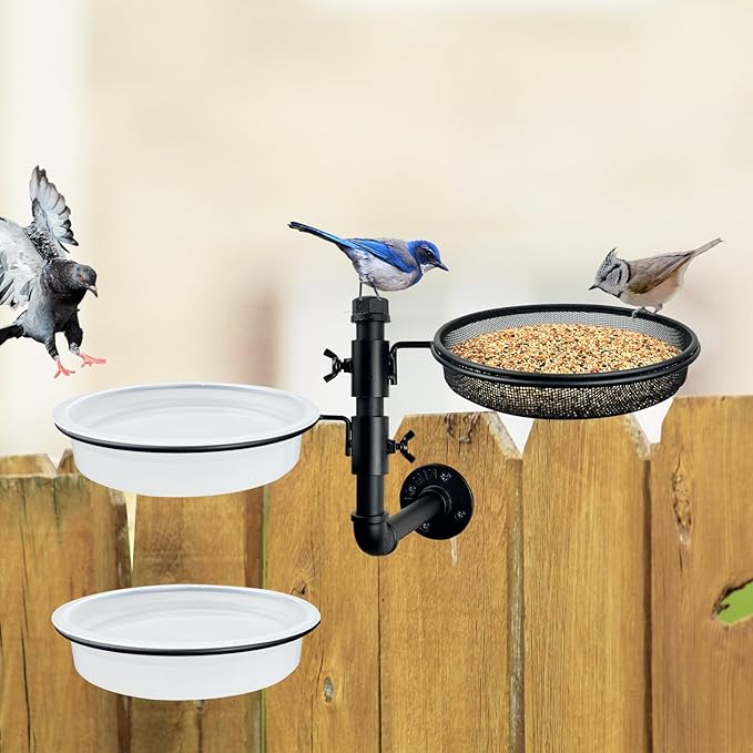 Wall Mounted Bird Feeder with Metal Mesh Seed Tray and 2 Bird Bath Bowls,Heavy Duty Fence Tree Mount Birds Feeder for Outside Wild Birds,Table Mountable Platform Feeder in Garden Backyard