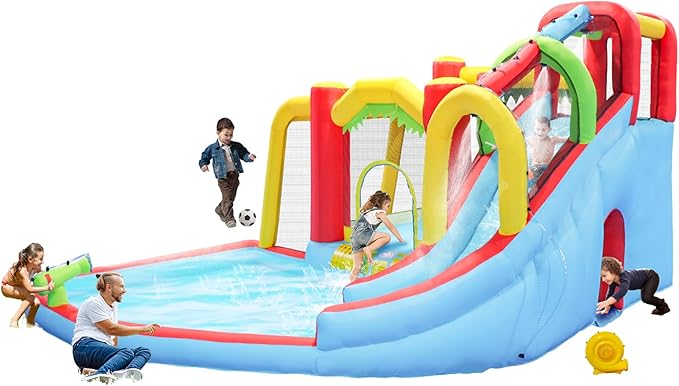 Inflatable Water Slide Bounce Castle with Blower, Dry and Wet Blow Up Jumping Bouncer with Slide, Climbing Wall, Basketball, Funny Tunnel, Soccer, Ball Pit Pool for Outdoor
