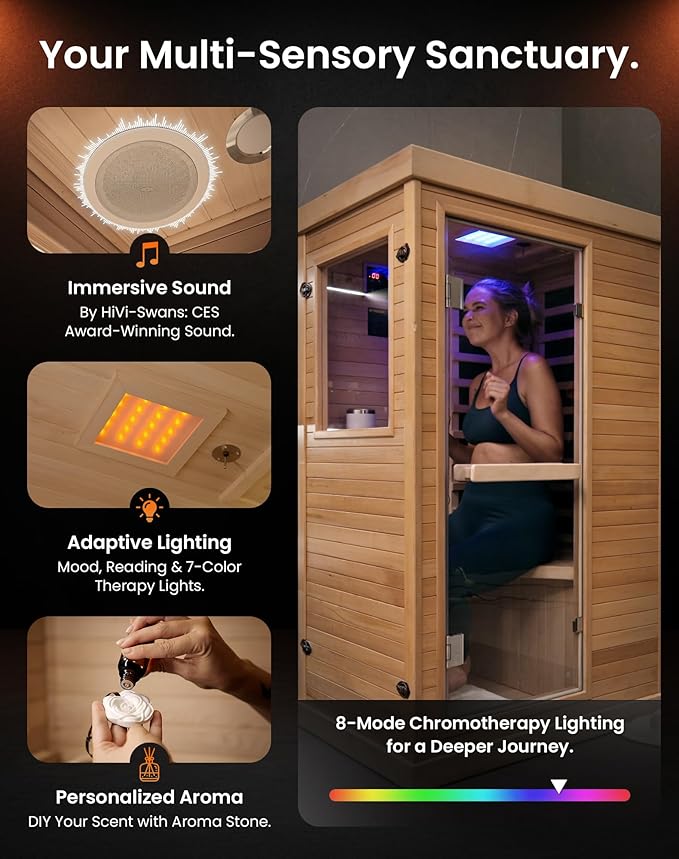 PAETA Infrared Sauna for Home | 1-Person Dry Sauna with 5 Carbon Heaters | Fast & Even Heating Low EMF Sauna | Bluetooth & Chromotherapy| Canadian Hemlock(Wooden)