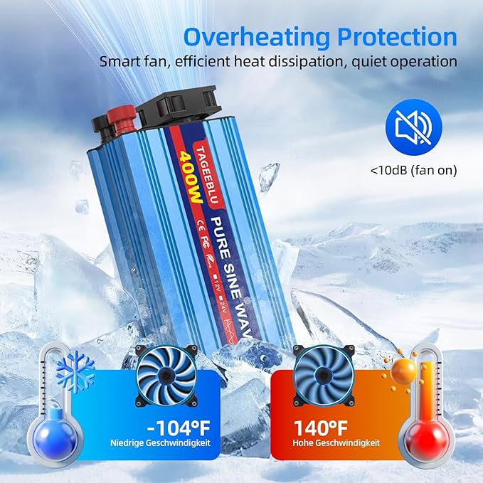 400W Pure Sine Wave Inverter, 12V DC to 110V/120V AC Car Power Inverter with 2 AC outlets and LCD Display